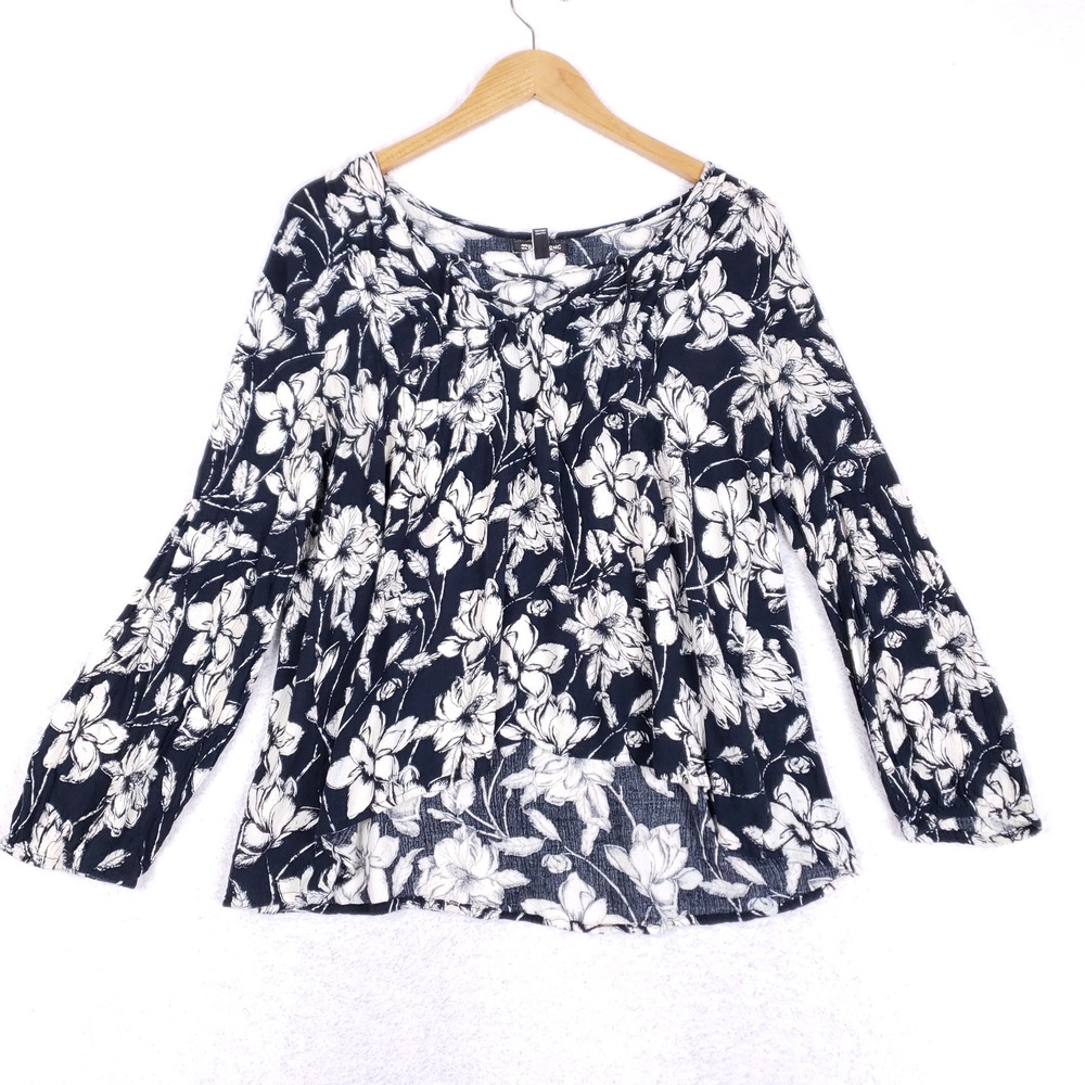 Billabong‎ Floral Lace Up Blouse Womens Medium Black White Long Sleeve Boho